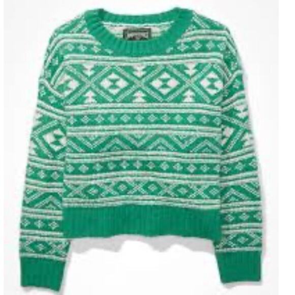 American Eagle AE Fair Isle Snowdrift Crewneck Sweater Green White Size Medium M - Picture 1 of 10